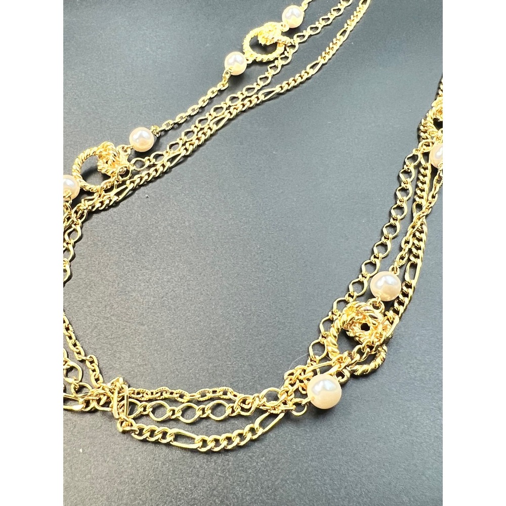 3 Strand Gold Layered Necklace 29" Faux Pearl EX